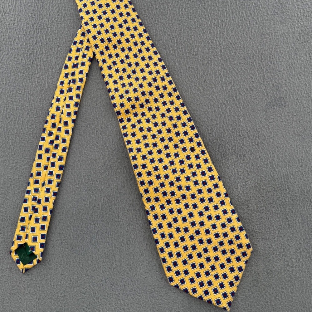 VTG 80/90s Lauren Ralph Lauren Tie OS Yellow Blue Geometric 100% Silk USA Formal